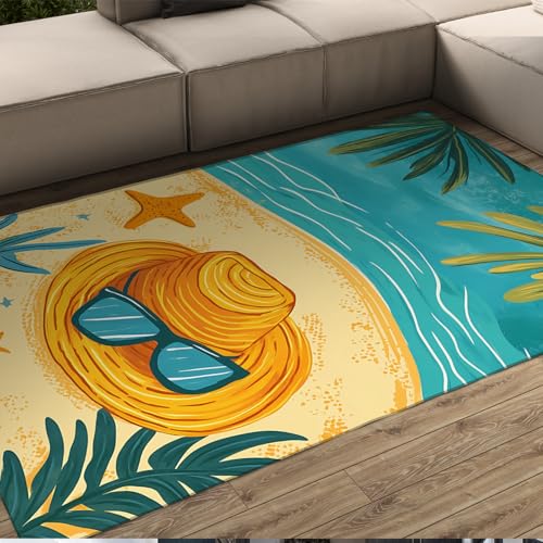 HOBBOY Cartoon Strandteppich Grün Palmen Seestern Sonnenbrille und Sonnenhüte Muster Dünne Teppiche für Kinderzimmer Spielzimmer Badezimmer 140 x 180 cm von HOBBOY