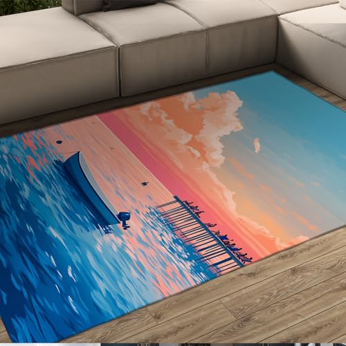 HOBBOY Cartoon Urlaub Stil Bereich Teppich 180 x 210 cm Blauer Ozean Boot Rosa Wolken Druck Dünner Teppich für Schlafzimmer Waschküche Waschbar Weich rutschfest von HOBBOY