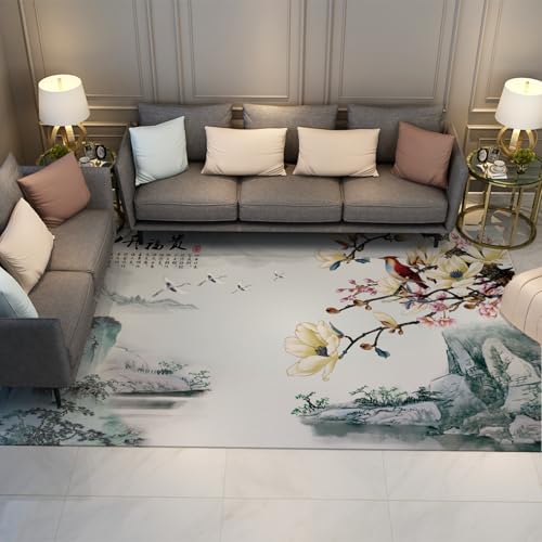 HOBBOY Chinesische Tusche Malerei Bereich Teppiche 140 x 200 cm Magnolie und rosa Pfirsich Blüte Berg Weiß Kranich Druck dünner Teppich für Wohnzimmer Büro von HOBBOY