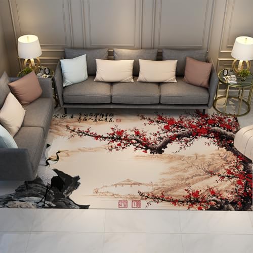 HOBBOY Chinesische Tusche Malerei Bereich Teppiche 150 x 210 cm rote Pflaumenblüten und weiße Kraniche Muster dünner Teppich für Wohn-Esszimmer HOBBOY Chinesische Tusche Malerei Bereich Teppiche 150 x 210 cm rote Pflaumenblüten und weiße Kraniche Muster dünner Teppich für Wohn-Esszimmer von HOBBOY