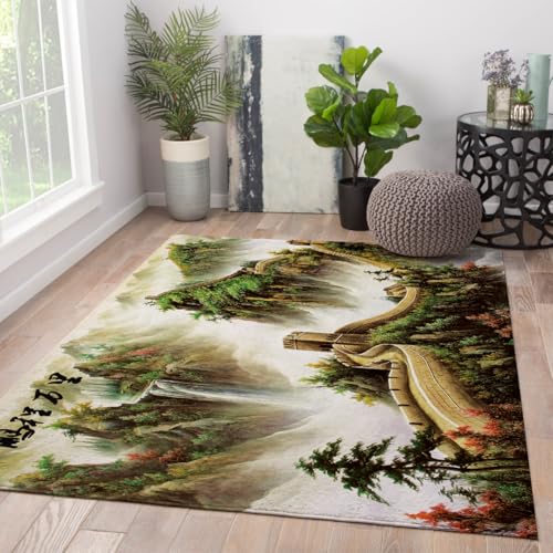 HOBBOY Chinesischer Stil Bereich Teppiche 180 x 210 cm Große Mauer Wasserfall Nebeliger Blick auf die Berge Muster Indoor Dünner Teppich Waschbar Niedriger Flor für Wohnzimmer von HOBBOY