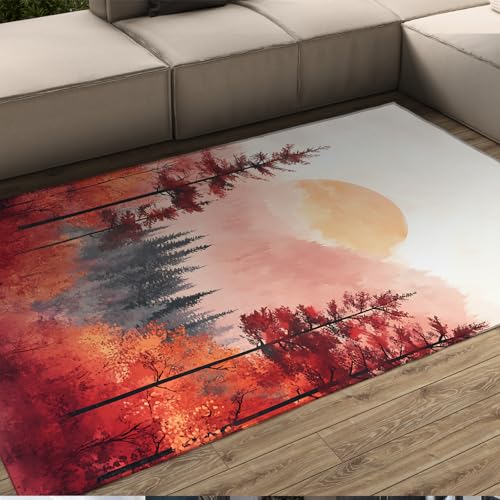 HOBBOY Chinesischer Stil Sonnenuntergang Teppich Aquarell Kunst Wald Berglandschaft Dünne abwaschbare Teppiche für Wohnzimmer Arbeitszimmer Schlafzimmer Flur 150 x 210 cm von HOBBOY