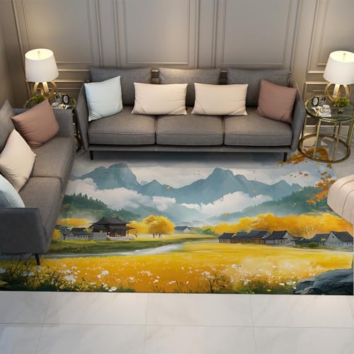 HOBBOY Chinesischer Stil Teppiche Alte Gebäude Gelbes Feld Szenerie Druck rutschfeste Dünne Türmatte für Wohnzimmer Schlafzimmer Küche Bauernhaus 120 x 180 cm von HOBBOY