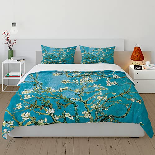 HOBBOY Claude Monet Aesthetics 3-teiliges Bettwäsche-Set Weißer floraler botanischer Bettbezug 2 Kissenbezüge Frische, Leuchtend Blaue Bettbezugssets Keine Bettwäsche 135x200 cm von HOBBOY