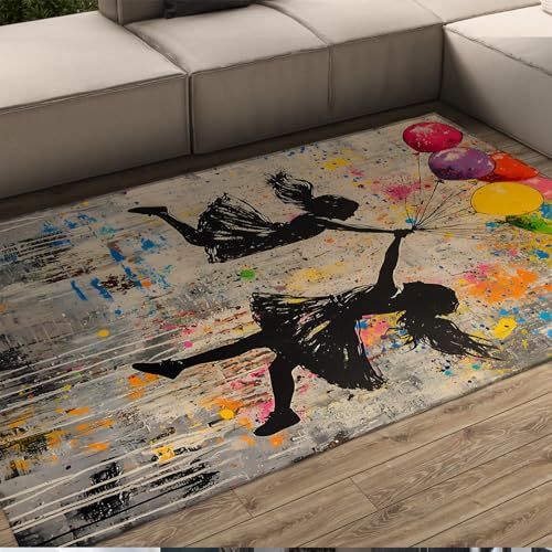 HOBBOY College Style Bereich Teppiche Bunte Graffiti Street Art Glückliche Mädchen und Bunte Luftballons Muster Dünner Teppich für Wohnzimmer Schlafzimmer 210 x 240 cm von HOBBOY