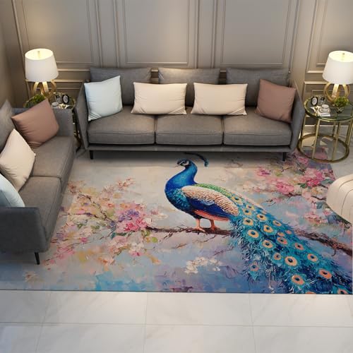 HOBBOY Eleganter Pfauenbereich Teppiche Ölgemälde Stil Aquarell Blumen dünner Teppich für Wohnzimmer Schlafzimmer Eingang rutschfest waschbar 160 x 230 cm HOBBOY Eleganter Pfauenbereich Teppiche Ölgemälde Stil Aquarell Blumen dünner Teppich für Wohnzimmer Schlafzimmer Eingang rutschfest waschbar 160 x 230 cm von HOBBOY