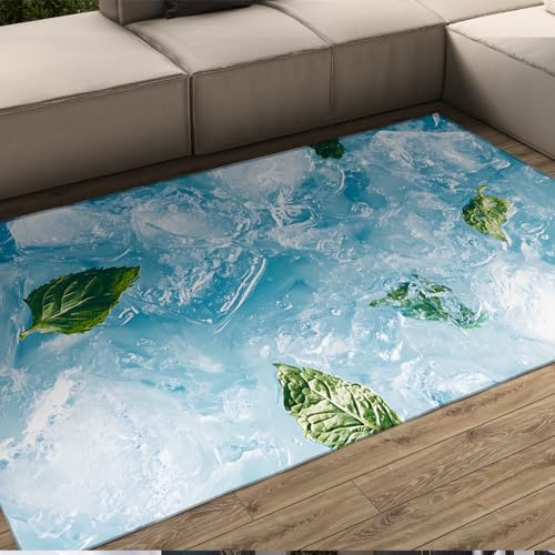 HOBBOY Erfrischender Stil Bereich Teppich Grün Minze Blatt & Eiswürfel Muster Dünne Fußmatten für Wohnzimmer Schlafzimmer Küche rutschfest waschbar 60 x 120 cm von HOBBOY