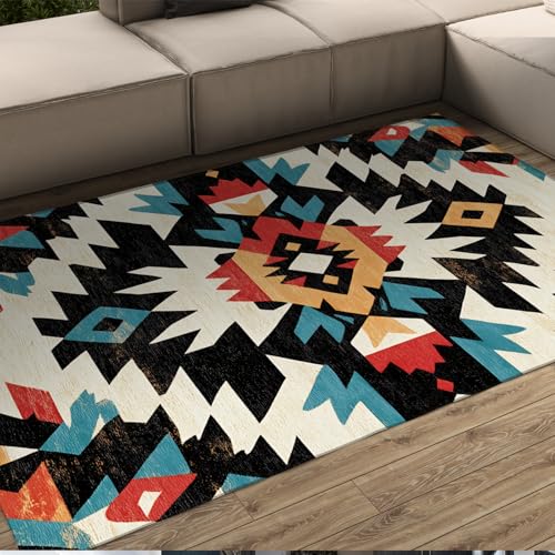 HOBBOY Ethnischer Stil 50 x 80 cm Teppich Abstraktes geometrisches Muster waschbar gemütliche Bodenmatten mit niedrigem Flor für Flur Wohnzimmer Schlafzimmer von HOBBOY