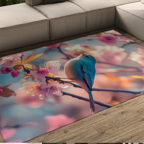 HOBBOY Frühling Blumen Bereich Teppiche 60 x 120 cm süßer Spatz auf rosa Pfirsich Zweig Muster dünner Teppich für Wohnzimmer Schlafzimmer die ganze Saison Wohnkultur von HOBBOY