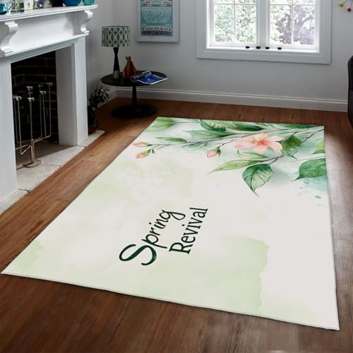 HOBBOY Frühling Revival Print Große Teppiche Elegante rosa Blumen Grüne Blätter Niederflor Bodenteppich für Schlafzimmer Wohnzimmer Sofa Eingang 100 x 150 cm von HOBBOY