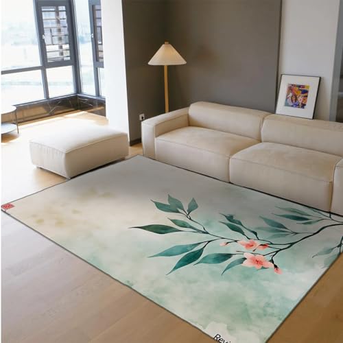 HOBBOY Frühling Revival Print Teppiche Aquarell Blumen Grün Blätter Niederflor Boden Teppich für Schlafzimmer Nachttisch Wohnzimmer Sofa Küche 120 x 150 cm von HOBBOY