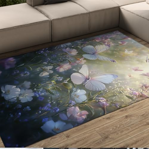 HOBBOY Frühling Wildblumen Bereich Teppiche 210 x 240 cm Eleganter Blumen- und Schmetterlingsmuster Niederflorteppich waschbar für Wohnzimmer Schlafzimmer Küche Eingang von HOBBOY