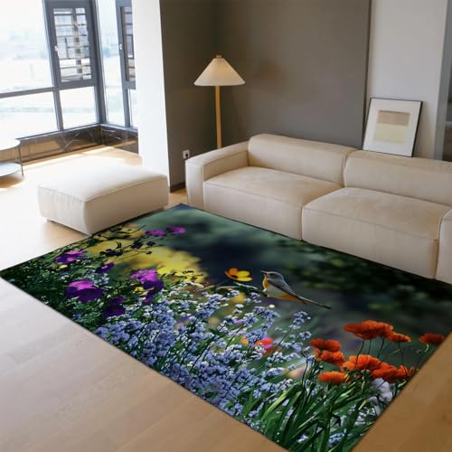 HOBBOY Garten Blumen Bodenteppich Erfrischender lebendiger Wildblumendruck dünner Innenteppich waschbar tragbar für Wohnzimmer Balkon Terrasse 120 x 160 cm von HOBBOY