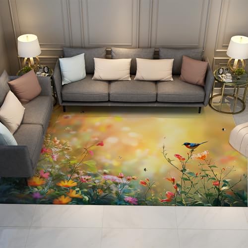 HOBBOY Garten Landschaft Boden Teppich Frühling Schmetterling Blumen Vogel Druck Dünne waschbare Teppiche für Wohnzimmer Balkon Eingangsbereich Türmatte 180 x 240 cm von HOBBOY
