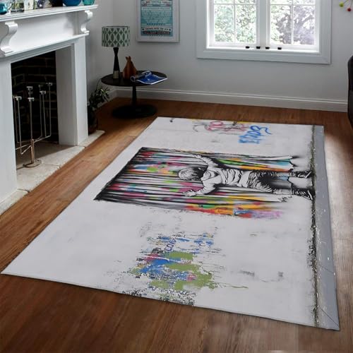 HOBBOY Große graue Fläche Teppiche Urban Street Art Niedlicher Junge ziehen Vorhang Druck Graffiti Teppich für Schlafzimmer Spielzimmer rutschfeste dünne Bodenmatte 140 x 200 cm von HOBBOY