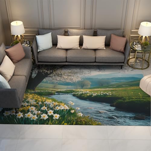 HOBBOY Großer Rutschfester Teppich 60 x 120 cm Gelb & Weiß Narzissen Blumen und Fluss Landschaft Druck Dünner Teppich für Schlafzimmer Wohnzimmer Balkon HOBBOY Großer Rutschfester Teppich 60 x 120 cm Gelb & Weiß Narzissen Blumen und Fluss Landschaft Druck Dünner Teppich für Schlafzimmer Wohnzimmer Balkon von HOBBOY