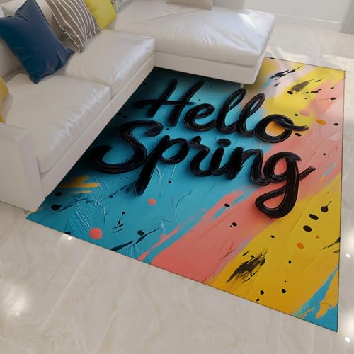 HOBBOY Hallo Frühling Thema Dünner Teppich Bunte Spritzer Tinte Design Weiche waschbare Teppiche für Wohnzimmer Schlafzimmer Küche Willkommen Türmatte 180 x 270 cm von HOBBOY