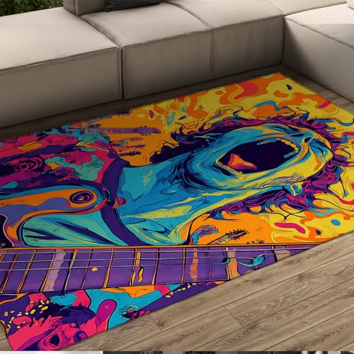 HOBBOY Hippie-Stil Bereich Teppiche Bunte Pop Art Konzert Thema Gitarrist Muster Dünner Teppich für Wohnzimmer Schlafzimmer Eingang rutschfest 210 x 240 cm von HOBBOY
