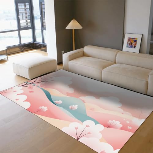 HOBBOY Japanischer Stil Area Teppich 240 x 300 cm Cartoon Rosa Wolke & Kirschblütendruck Dünner Bodenteppich für Schlafzimmer Wohnzimmer Kinderzimmer Eingang von HOBBOY