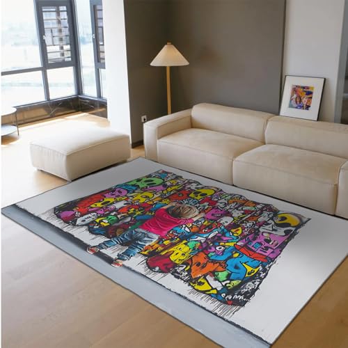 HOBBOY Kinderzimmerteppiche im Cartoon-Stil Bunter Graffiti-Schädel und niedlicher Jungendruck dünner Teppich für Wohnzimmer Schlafzimmer Spielzimmer waschbar rutschfest 240 x 300 cm von HOBBOY
