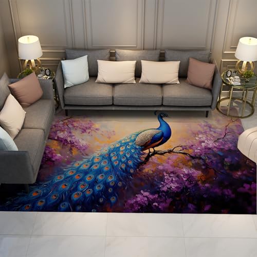HOBBOY Komfort und Luxus Pfauenteppiche Chinesischer Stil Lila Garten Blumen Dünner Teppich für Wohnzimmer Konferenzraum Hotel rutschfest waschbar 180 x 210 cm von HOBBOY