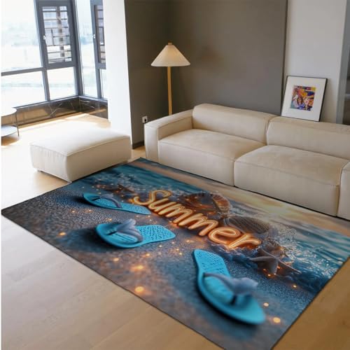 HOBBOY Küste Strand Bereich Teppich Tropischer Ozean Muscheln Seestern Blau Flip Flops Muster Dünne Teppiche Für Schlafzimmer Wohnzimmer Spielzimmer 160 x 220 cm von HOBBOY