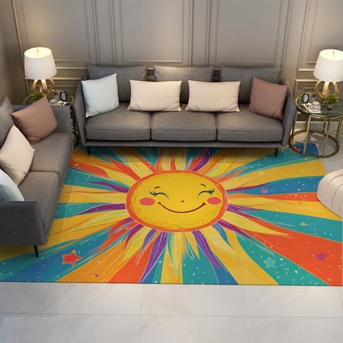 HOBBOY Lächelnder Sonnenschein Teppich Regenbogen Mond Sterne Muster Ultra dünne waschbare Bodenteppiche für Wohnen Kinderzimmer Schlafzimmer Eingangsbereich 100 x 200 cm von HOBBOY