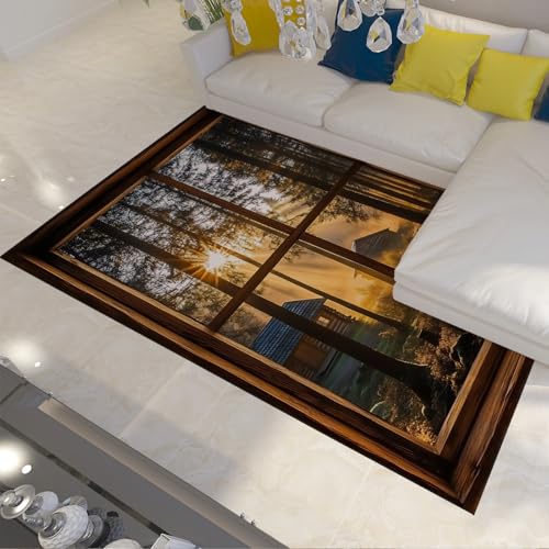 HOBBOY Landhausteppiche Morgensonne und Nebel Wald 3D-Fensteransicht Fußmatte Dünner Teppich für Wohnzimmer Schlafzimmer Eingang 150 x 240 cm von HOBBOY
