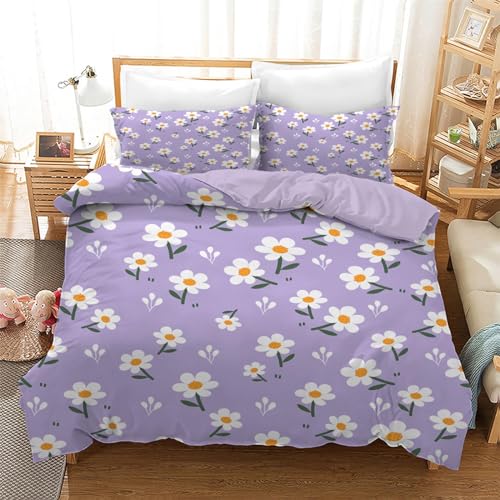 HOBBOY Lila Bettwäsche Bettbezug Sets Weiße Blumen Druck Bettdecke Bezug mit Reißverschluss 4 Krawatten 2 Kissenbezüge Mikrofaser Bettbezug Sets 140x200 cm von HOBBOY