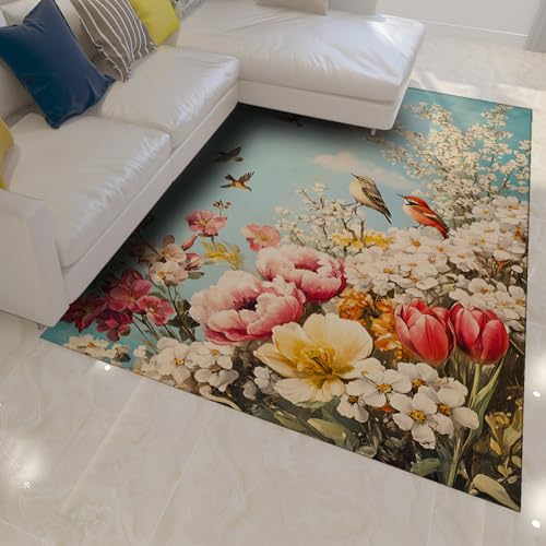HOBBOY Low Flor Area Teppiche Frühling Garten Blumen und Vögel Print Türmatte für Wohnzimmer Schlafzimmer Küche Büro rutschfest waschbar 140 x 200 cm HOBBOY Low Flor Area Teppiche Frühling Garten Blumen und Vögel Print Türmatte für Wohnzimmer Schlafzimmer Küche Büro rutschfest waschbar 140 x 200 cm von HOBBOY