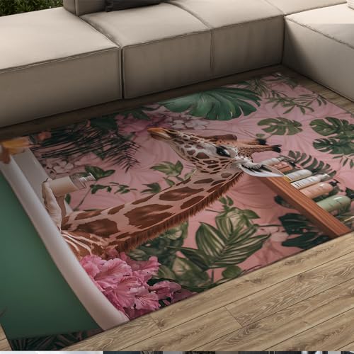 HOBBOY Lustige Giraffe Teppiche Tropische Pflanzen Grüne Badewanne Rosa Blumen Muster Dünner Teppich für Yoga Spa Zimmer Flur Hotel rutschfest Waschbar 180 x 210 cm von HOBBOY