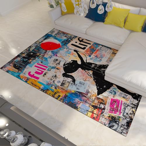 HOBBOY Mädchen mit Ballon Bereich Teppiche Full Life Thema Lebendiges Graffiti Buntes Collage Design Dünner Teppich für Wohnzimmer Schlafzimmer Eingang 60 x 100 cm von HOBBOY