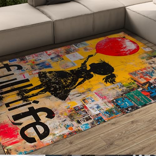 HOBBOY Mädchen mit Ballon Bereich Teppiche Volles Leben Thema Moderne Street Art Graffiti Stil Dünner Teppich für Wohnzimmer Schlafzimmer Spielzimmer 160 x 230 cm von HOBBOY