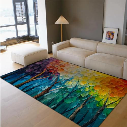 HOBBOY Mehrfarbige Pinselstrich Teppiche Aquarell Kunst Abstrakte Bäume Druck Fußmatten Rutschfester dünner Teppich für Schlafzimmer Wohnzimmer Studio 140 x 200 cm von HOBBOY
