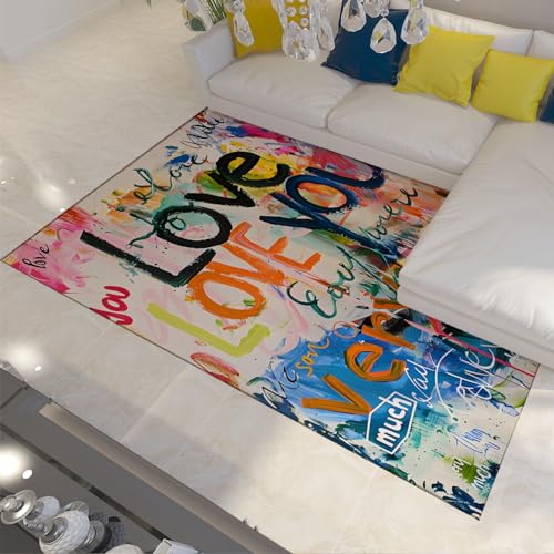 HOBBOY Mehrfarbige Teppiche Aquarell Graffiti Großer Teppich für Wohnzimmer Schlafzimmer Briefdruck Haustür Matte Inneneingang Teppich 140 x 180 cm von HOBBOY
