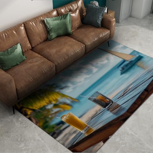 HOBBOY Moderne Küste Teppiche Segelboot Strand kalte Getränke Shop Teppich waschbar weich niedriger Flor für Küche Wohnzimmer Esszimmer 180 x 210 cm von HOBBOY