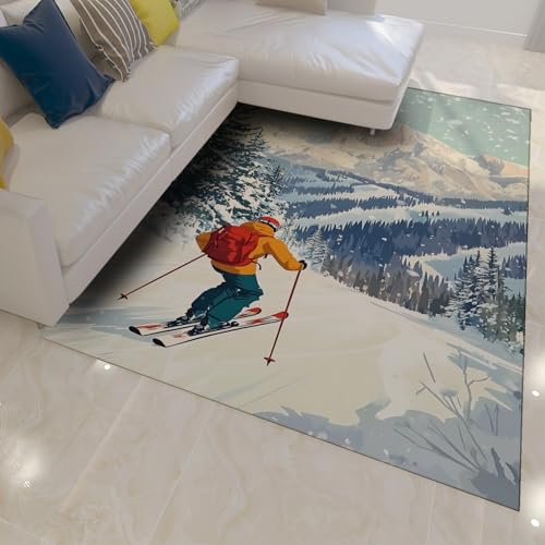 HOBBOY Moderne Winter Ski Thema Teppiche 50 x 80 cm Skigebiet Szenerie Throw Teppich Waschbar Weich rutschfest niedrigflorig Wohnzimmer Büro Innendekoration von HOBBOY