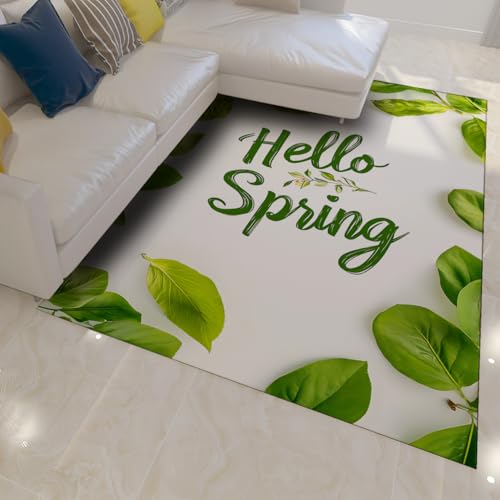 HOBBOY Moderner Blatt Design Bodenteppich Hallo Frühling Grün Pflanzen Thema Low Pile Indoor Teppich Waschbar tragbar für Wohnzimmer Schlafzimmer 180 x 210 cm von HOBBOY