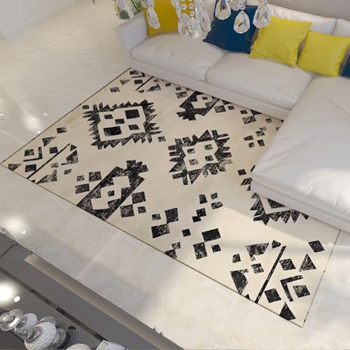 HOBBOY Moderner Boho 50 x 80 cm Teppich schwarz und weiß geometrischer Druck waschbar weiche niedrigflorige Fußmatten für den Eingang Büro Wohnzimmer Schlafzimmer von HOBBOY