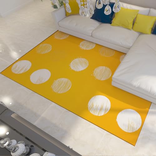 HOBBOY Moderner geometrischer Teppich 180 x 270 cm gelber Hintergrund weiße Kreise Druck niedrige Flor Türmatten für Kinderzimmer Schlafzimmer Eingang waschbar von HOBBOY