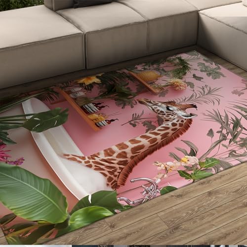 HOBBOY Niedliche Giraffe Teppiche Blumen Botanisch Rosa Badewanne Muster Dünner Teppich für Yoga Spa Zimmer Badezimmer Schlafsaal Kreatives Tier Wohnkultur 120 x 170 cm von HOBBOY
