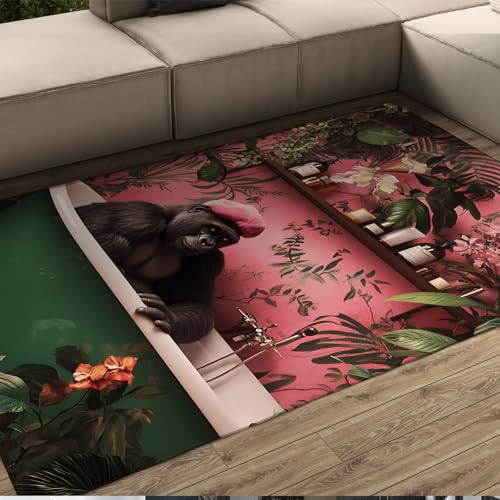 HOBBOY Niedliche Gorilla Teppiche Blumen Botanisch Rosa Wand Grün Badewanne Muster Dünner Teppich für Yoga Spa Zimmer Badezimmer Kreatives Tier Wohnkultur 80 x 150 cm von HOBBOY