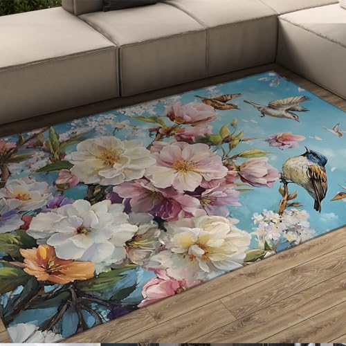 HOBBOY Niedrige Flor Bereich Teppiche Frühling Blühende Blumen und Vögel Druck Türmatte für Wohnzimmer Schlafzimmer Restaurant Terrasse rutschfest waschbar 120 x 170 cm HOBBOY Niedrige Flor Bereich Teppiche Frühling Blühende Blumen und Vögel Druck Türmatte für Wohnzimmer Schlafzimmer Restaurant Terrasse rutschfest waschbar 120 x 170 cm von HOBBOY
