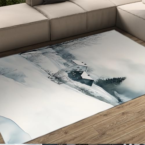 HOBBOY Nordische Winterszene Teppiche Schneebedeckte Bäume und Urlaub Kabine Druck Boden Teppich für Wohnzimmer Schlafzimmer Nachttisch rutschfeste dünne Türmatte 120 x 150 cm von HOBBOY
