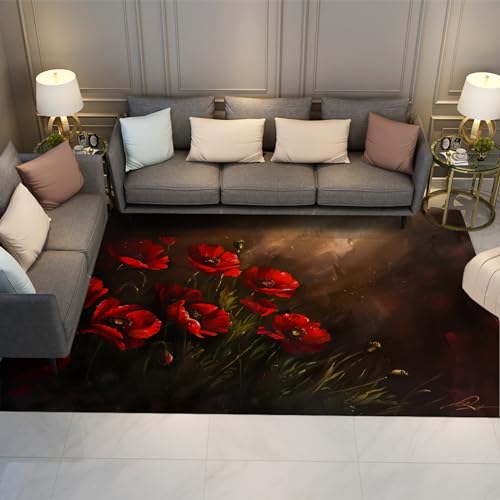 HOBBOY Ölgemälde Stil Bereich Teppich Blumen & Pflanzen Innenteppich für Schlafzimmer Wohnzimmer niedriger Flor Bodenmatte rote Blumen Wurf Teppiche 180 x 300 cm von HOBBOY