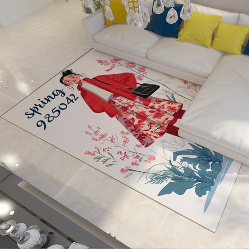 HOBBOY Orientalischer Stil Dünner Teppich Mode Mädchen Blumen Botanischer Druck rutschfeste Teppiche für Wohnzimmer Schlafzimmer Badezimmer Eingang Waschbar 180 x 210 cm von HOBBOY