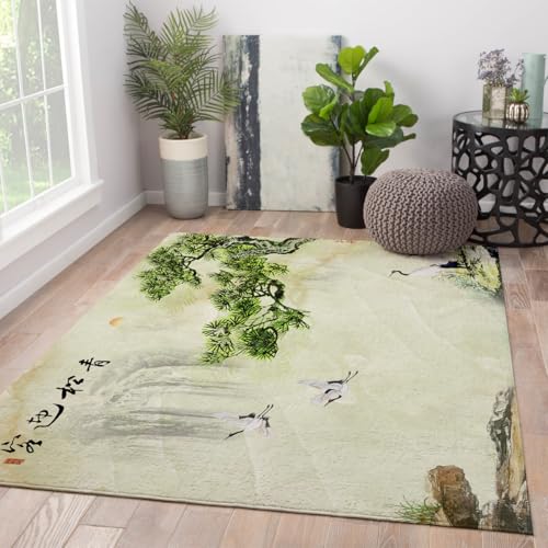 HOBBOY Orientalischer Stil Teppiche 100 x 200 cm Traditionelle chinesische Malerei Kiefer und Kranich Druck Niederflor Teppich waschbar für den Eintritt ins Wohnzimmer von HOBBOY