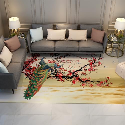 HOBBOY Orientalischer Stil Teppiche 60 x 120 cm rote Pflaumenblüten und schöner dünner Teppich mit Pfauenmuster für das Wohnzimmer Schlafzimmer HOBBOY Orientalischer Stil Teppiche 60 x 120 cm rote Pflaumenblüten und schöner dünner Teppich mit Pfauenmuster für das Wohnzimmer Schlafzimmer von HOBBOY