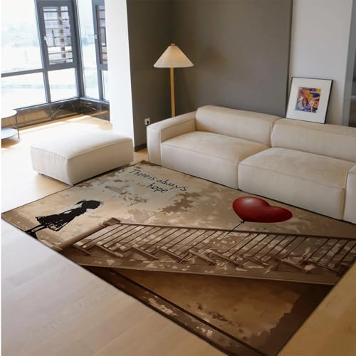 HOBBOY Retro Treppe Druck Bereich Teppiche Mädchen und rotes Herz Ballon Es gibt Immer Hoffnung Graffiti dünner Teppich für Schlafzimmer Wohnzimmer Spielzimmer 210 x 240 cm von HOBBOY