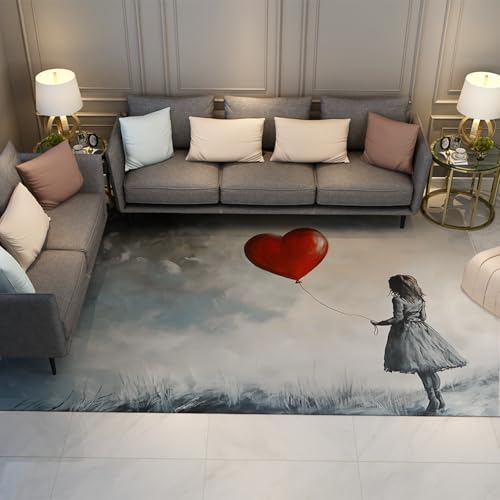HOBBOY Romantischer Liebesbereich Teppiche Ballon Mädchen Muster Rutschfester dünner Teppich waschbarer Indoor-Outdoor-Teppich für Schlafzimmer Wohnzimmer Spielzimmer Schlafsaal 100 x 200 cm von HOBBOY